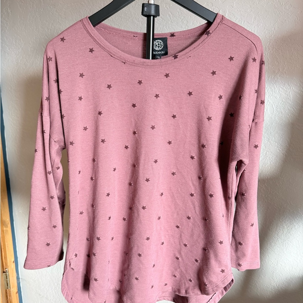 Bobeau Star Print Top Large Mauve Pink 3/4 Sleeve Soft Knit Blouse
